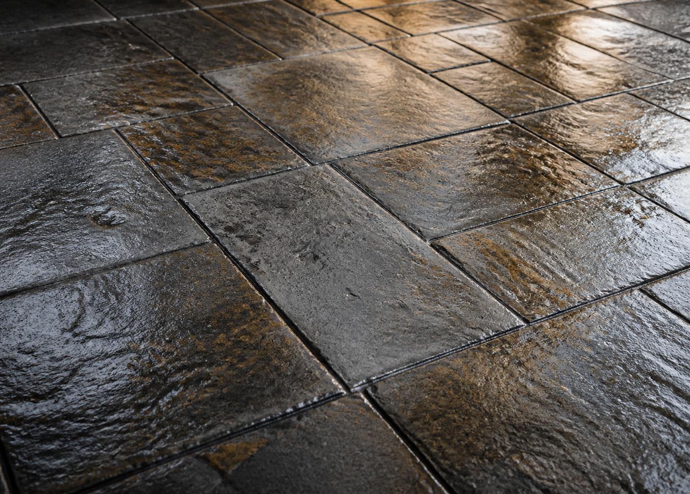 Ashlar slate stamped concrete patio with a wet-look sealer